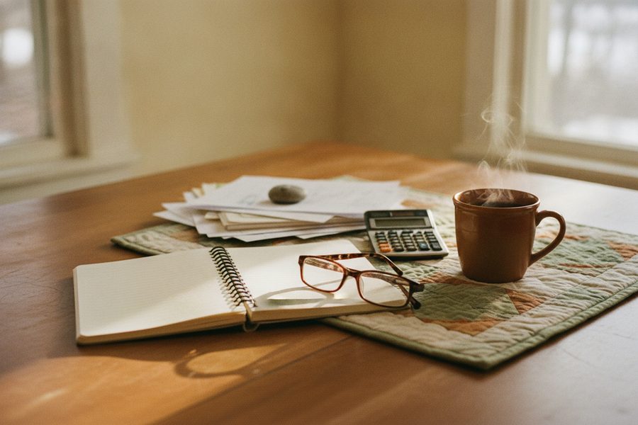 A warm, sunlit scene featuring an open notebook, reading glasses, a calculator, and a steaming mug of coffee sitting on a quilted mat on a wooden table.