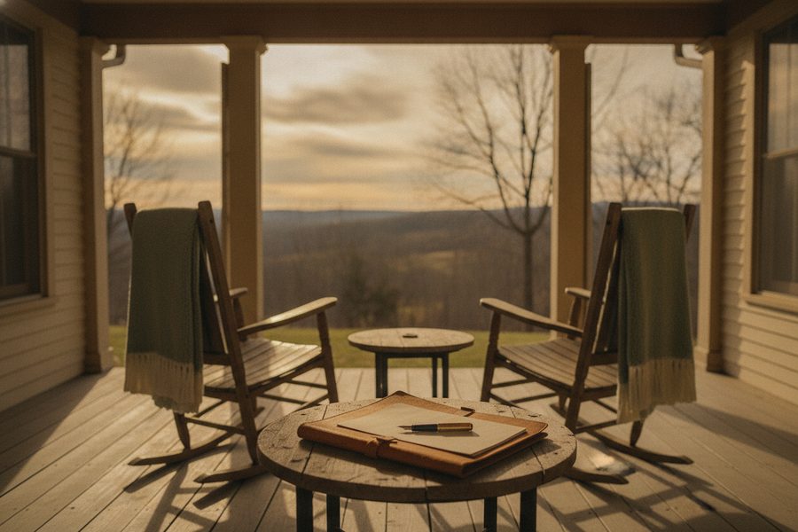 Two wooden rocking chairs with sage green throws sit on a porch facing a distant landscape with a small table featuring a journal and pen in the foreground.