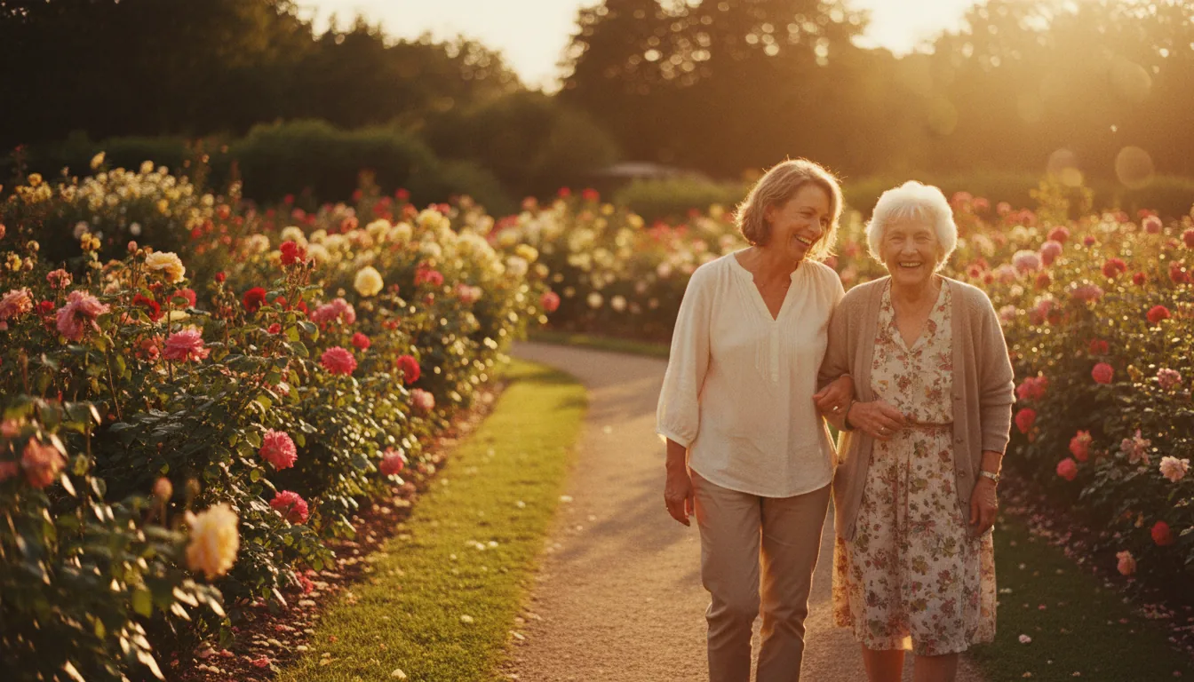 A caregiver and an older woman walking together through a garden in warm evening light